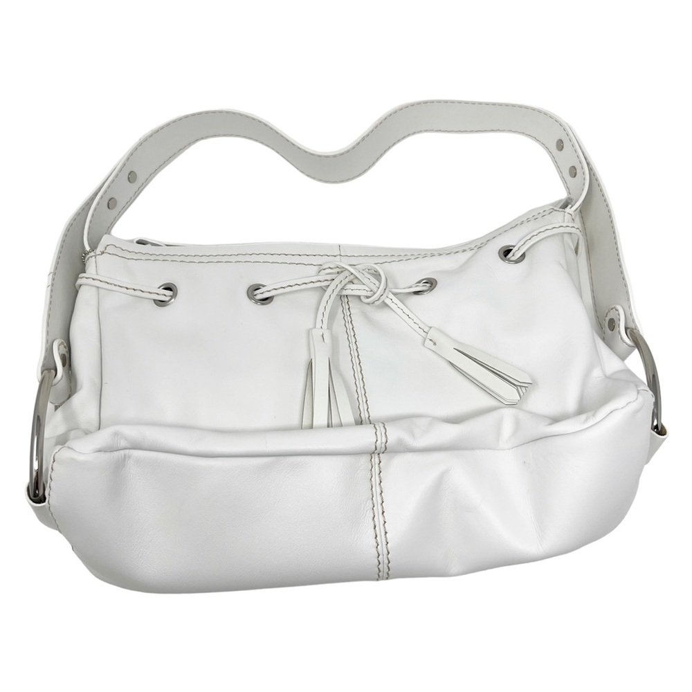 Bloomingdale’s White Leather Shoulder Bag Drawstring Zip Silver Accents - Picture 3 of 12